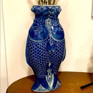Vintage Blue and White Chinoiserie Fish Vase